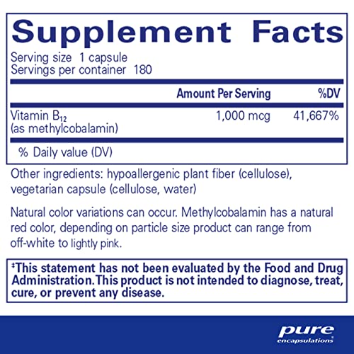 Pure Encapsulations Methylcobalamin 1,000 mcg - Vitamin B12 Supplement to Support Memory & Nerve Health - Premium Vitamin B12 Capsules - 180 Capsules