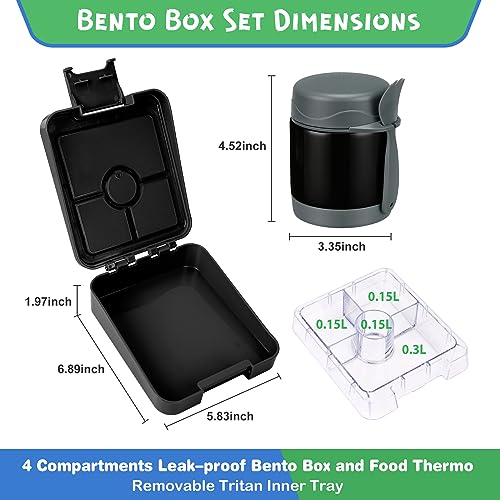 Pawtong Bento Lunch Box Set With 10oz Soup Thermo, Leak-proof Lunch Containers with 4 Compartment, Kids Hot Thermo Food Jar/Insulation Lunch Bag, Food Containers for School (Black)