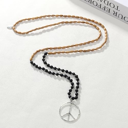 KELITCH Classic Peace Sign Necklace Love Hippie Pendant Frosted Crystal Beaded Necklace (Grey White)