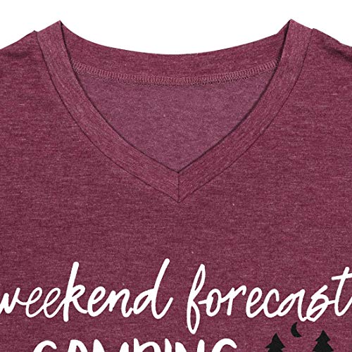 Weekend Forecast Camping Shirts Women Happy Camping Tshirt Funny Letter Graphic Print Tee Shirts V Neck Casual Top Blouse (As Shown,S)