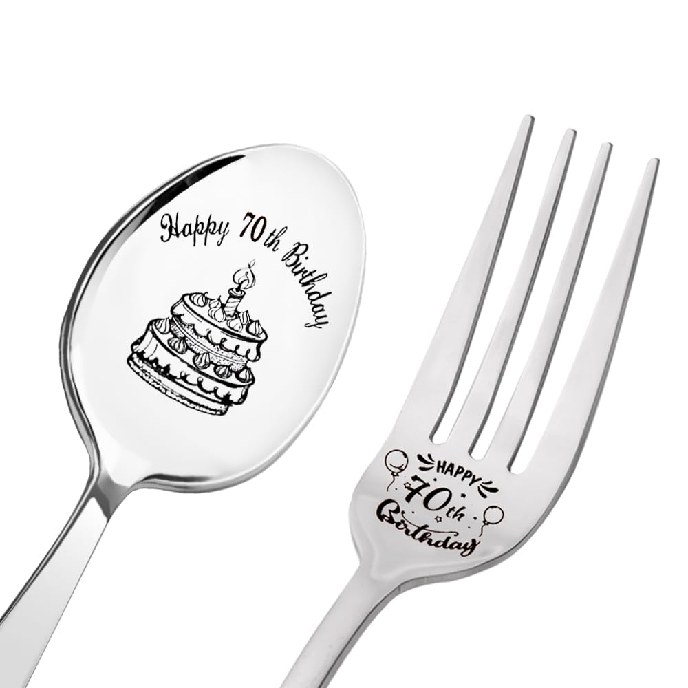 Happy 70th Birthday Gifts for Women Men Funny Cake Spoon and Fork Set 70 Year Old Birthday Gifts for Mom Dad 70 Yr Old Birthday Gifts for Grandma Grandpa Birthday Gifts for Sister Brother Gift Ideas