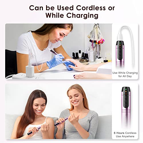 COSLUS Cordless Nail Drill Electric File: Professional for Acrylic Gel Dip Powder Nails Portable Nail Drill Machine Kit for Manicure Pedicure Nail Set with Everything Rechargeable Lightweight Purple