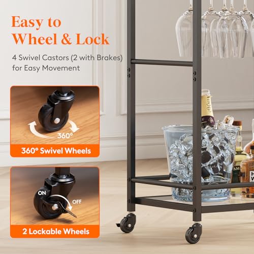 Lifewit Bar Cart Gold, Home Serving Bar Cart with Lockable Wheels, Wine Rolling Cart with 2 Tier Glass Shelves, Liquor Cart with Glass Holder, Beverage Cart for Kitchen Dining Living Room, Black