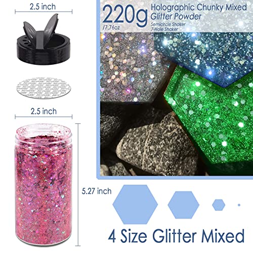 Matio Holographic Chunky Glitter, 7.8oz/220g Silver Craft Glitter for Resin Chunky Nail Flake Sequin Mixed Fine Glitter Powder Bulk Holographic Glitter for Nail Art Tumbler Cosmetic Festival Decor