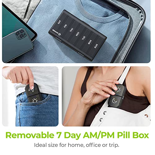 AUVON XL Weekly Pill Organizer 2 Times a Day, Pill Box 7 Day with One-Side Large Openings for Easy to Use, Black Privacy Protection AM PM Pill Case for Medication, Vitamins, Fish Oils, Supplements