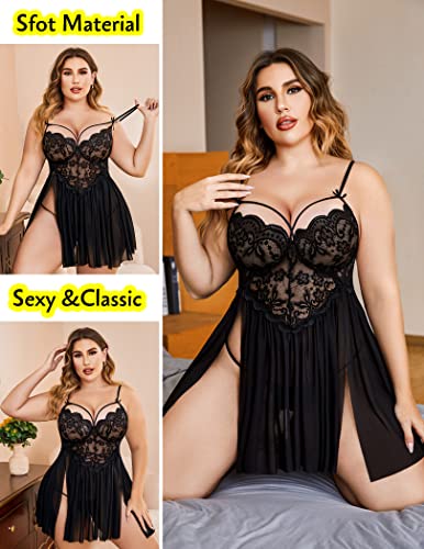 Avidlove Plus Size Babydoll Sexy Lingerie for Women Lace Chemise Lingerie V Neck Nightgown Sexy Sleepwear Sheer Mesh Nightwear Purple