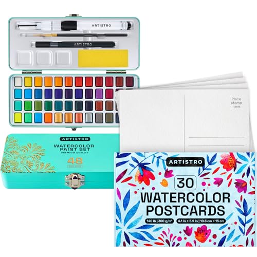 ARTISTRO Watercolor Paint Set, 48 Vivid Colors in Portable Box, Palette set, Including Metallic and Fluorescent Colors. Perfect Travel Watercolor Set for Artists, Amateur Hobbyists and Painting Lovers