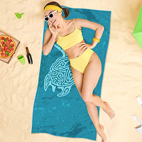 DECOMEN Beach Towel, Microfiber Beach Towels, Oversized Lightweight Quick Dry (73" x 32") Sand Proof, Absorbent, Compact, Beach Blanket, for Swimming,Sports,Gym-Sea Turtle&Sea Wave