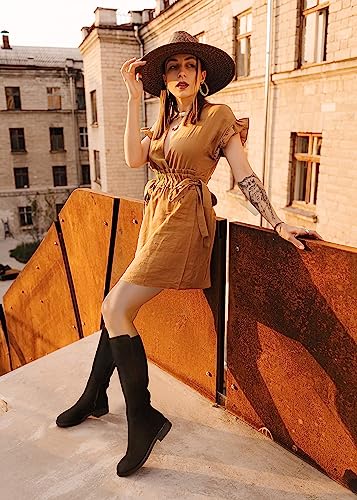 Shoe'N Tale Women's Knee High Boots Flat Low Heel Stretchy Round Toe with Side Zipper(6.5,Nude Knit)
