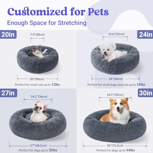 rabbitgoo Cat Beds for Indoor Cats, 20 inches Cat Bed Machine Washable, Fluffy Round Pet Bed Non-Slip, Calming Soft Plush Donut Cuddler Cushion Self Warming for Small Dogs Kittens, Dark Grey, Medium