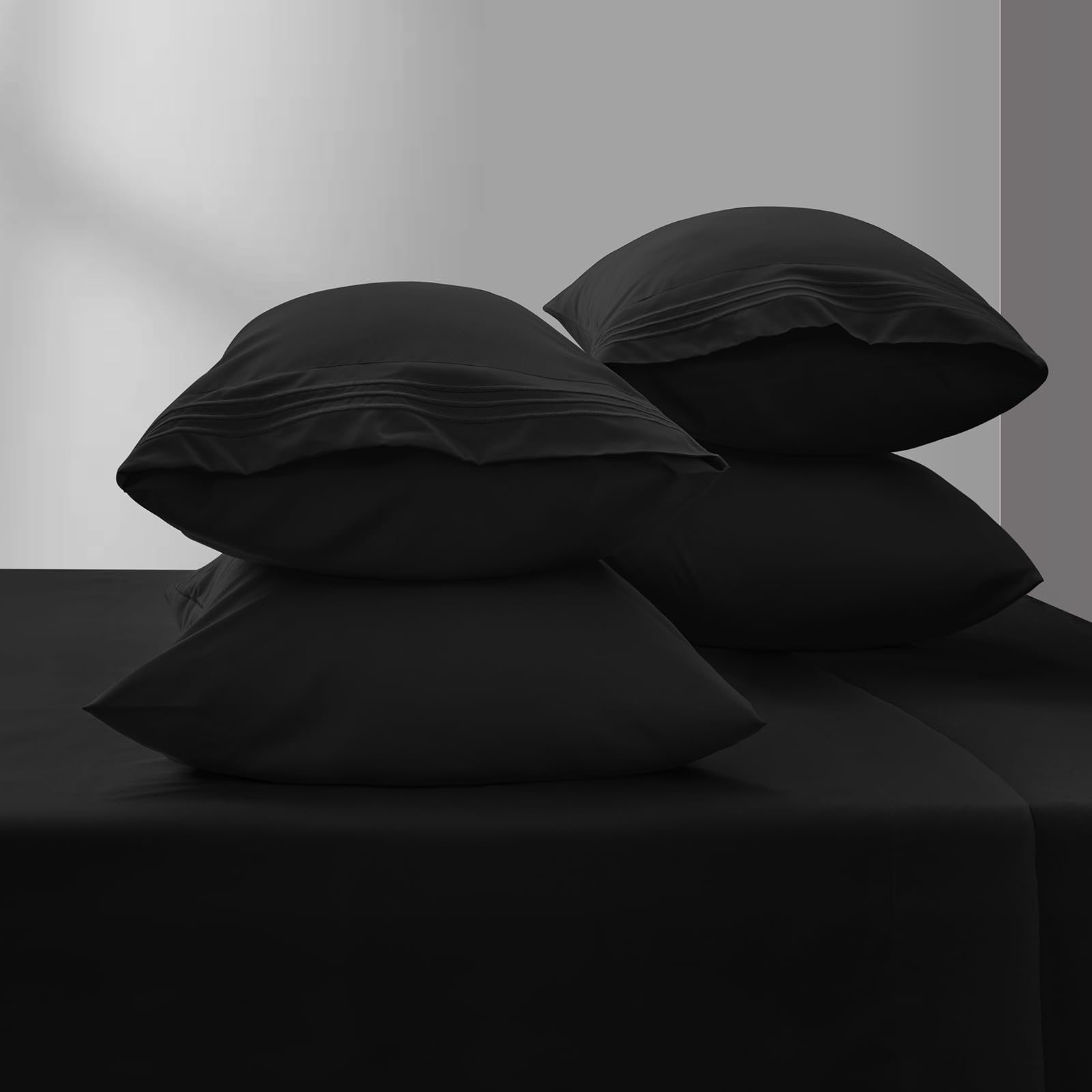 CozyLux King Pillowcase Set of 4 Luxury 1800 Series Double Brushed Microfiber Bed Pillow Cases Embroidered 4 Pack 20x40 inches, Black Pillow Covers with Envelope Closure