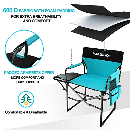 HAUSHOF Camping Chair with Side Table and Storage Pockets, Portable Folding Directors Chair, Heavy Duty Camp Chair for Adults Outdoor Fishing Beach, Green