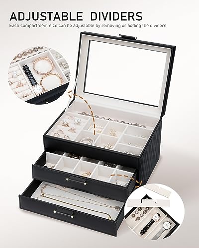 V-LAFUY Jewelry Organizer Box, Jewelry Holder Organizer 3 Layers with 2 Drawers, Jewelry Boxes Display Earring Necklace Watch Bracelet and Rings - Glass Lid Apricot