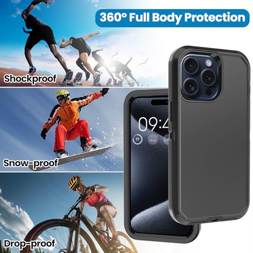 Annymall for iPhone 15 Pro Case with 2 Screen Protector,Shockproof Drop Protection Full Body Heavy Duty 3-Layer Military Rugged Durable Phone Cover for Apple iPhone 15 Pro 6.1" (Black)