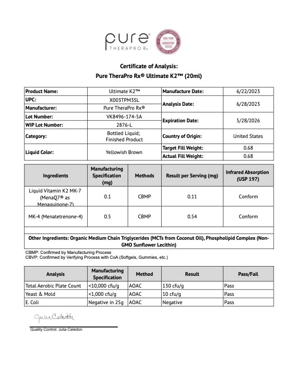 Pure TheraPro Rx Ultimate K2 Supplement | Liquid Liposomal Vitamin K2 Drops | 180 Serving | 600mcg Vegan K2 as All-Trans MK4 & Patented MenaQ7 MK7 | Supports Bone Health, Beautiful Skin & Hair | 20 mL