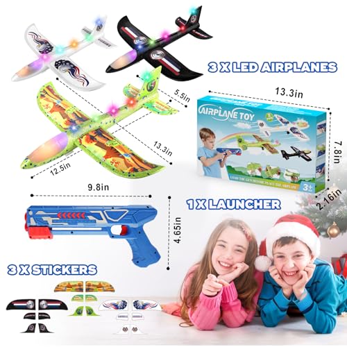 3 Pack Foam Airplane Launcher Toy with 3 DIY Stickers, 12.6" LED Airplane Toy, Catapult Plane Boy Toys, Outdoor Flying Toys for Kids Birthday Gifts for 4 5 6 7 8 9 10 11 12 Year Old Boys Girls