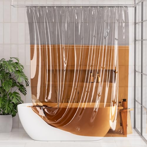 AmazerBath 100% EVA Shower Curtain Liner, 72 x 72 Inches Heavy Duty Shower Curtain and Liner 2-in-1 with 3 Clear Stones and 12 Brass Grommets, Color Block Soft Shower Liner - Gray & Amber