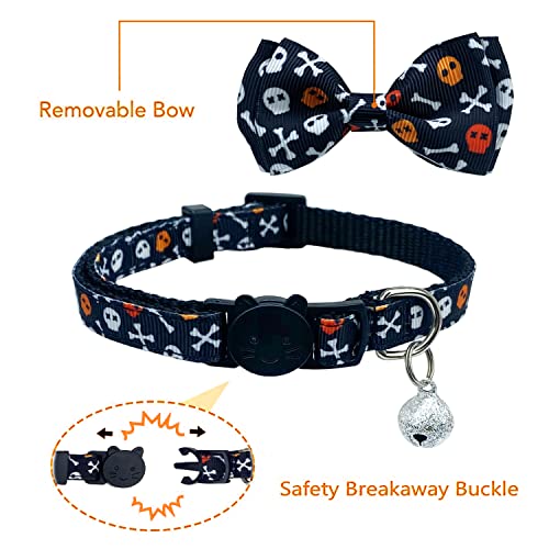 Halloween Cat Collar with Bell, 2 Pack Holiday Jack-O-Lantern and Candycorn Collar for Kitty Kitten Male Female Cats (Jack-O-Lantern/Skeleton Dance)