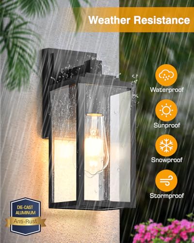 VIANIS Outdoor Wall Lights, Porch Lights Outdoor Lantern, Black Waterproof Outdoor Light Fixtures Wall Mount with Seed Tempered Glass