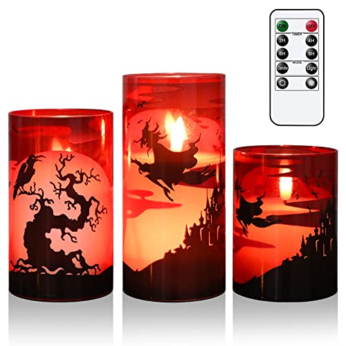 Eldnacele Halloween Flameless Candles, LED Flickering Battery Pillar Candles with 6H Timer and Pumpkin Decals, Spooky Fall Halloween Festival Party Decoration Set of 3 (D 3” x H 4” 5” 6”)
