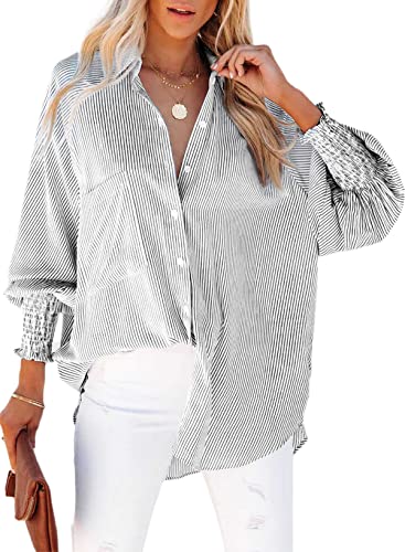 Women's Smocked Cuffed Striped Boyfriend Shirt Casual Collar Long Sleeve Button Down Blouse Tops with Pocket Shirred