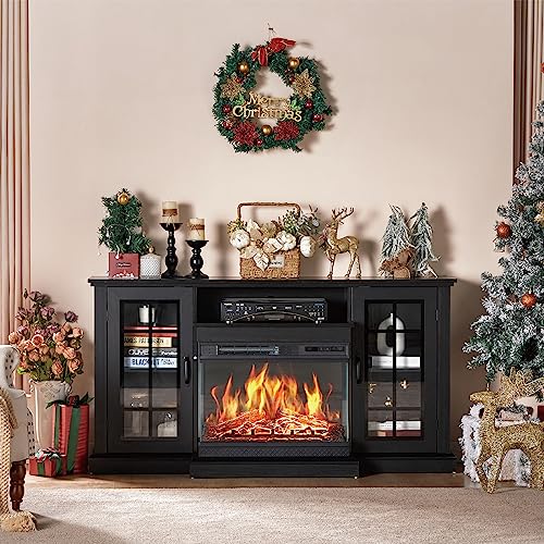 AMERLIFE 3-Sided Glass Fireplace TV Stand for TVs up to 65'', Media Entertainment Center Console Table with Door Closed Storage, Black