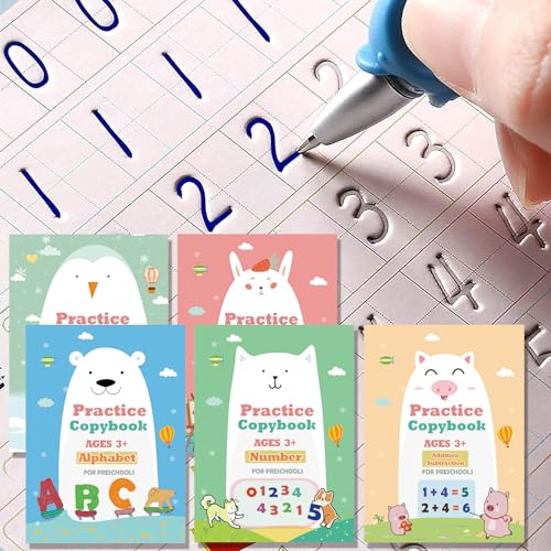 Magic Practice Copybook for Kids, Handwriting Practice Workbook, Reusable Writing Practice Book for Preschool Kids Age 3-8, Calligraphy 7.9in×5.5in (5 Books with Pens)