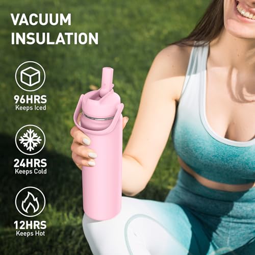 TOURIT 24 oz Insulated Water Bottle, Stainless Steel Water Bottles With Straw, Double Wall Vacuum Insulation for Cold and Hot Drinks, Leak Proof BPA Free Water Flask for Sports and Travel, Black