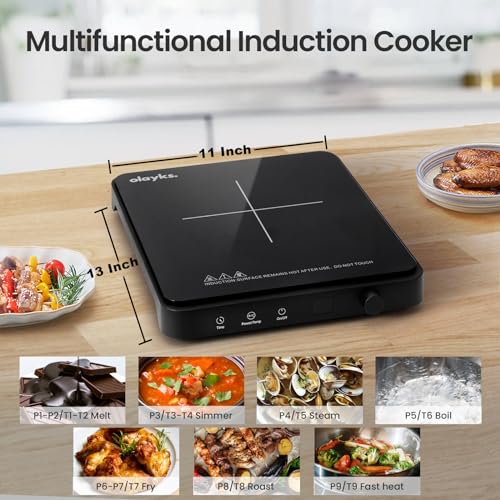 Olayks Portable Induction Cooktop, Countertop Burner Hot Plate 1500W With Sensor Touch, Electric Induction Cooker With 9-Level Adjustment, 3-Hour Timer, Auto-Shut-Off, LED Display, Auto Pot Detection