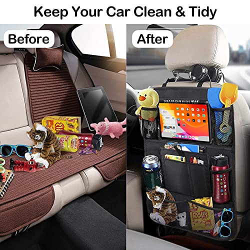 JUCAINHI Car Storage Organizer 2 PCS,Car Backseat Organizer for Kids Durable Waterproof Oxford Fabric with Touchable Tablet Holder 8 Mesh Pockets and 2 Pockets for Snacks Toys,Car Travel Accessories