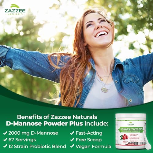 Zazzee D-Mannose Powder Plus, 2000 mg, 67 Servings, Potent & Fast-Acting, Plus 5 Billion CFU Probiotics and Pure Cranberry Juice Extract, Free Scoop, 6.5 Oz, Vegan, Gluten-Free, Non-GMO, All-Natural