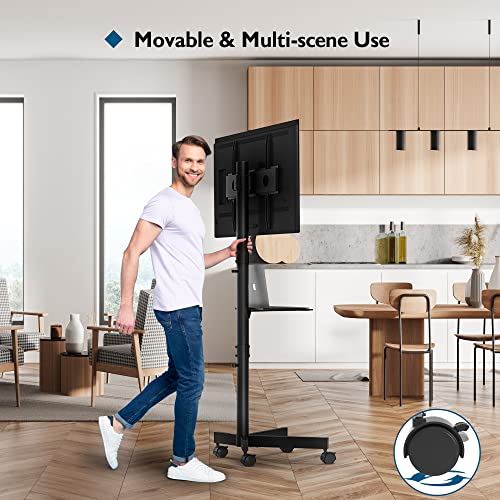 BONTEC Mobile TV Stand, Rolling TV Stand for 23-60 Inch Screens, Adjustable Floor TV Stand with Locking Wheels and Media Shelf, Compatible with VESA 75x75mm to 400x400mm, Holds up to 88 lbs, Black