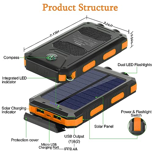 Solar Charger, 38800mAh Portable Solar Power Bank for All Cellphones, Waterproof Battery Pack, Outdoor External Backup Power Charger Dual USB 5V Outputs/LED Flashlights, Perfect for Camping Travel