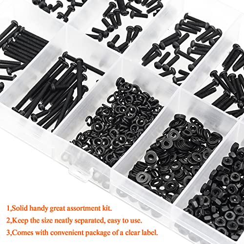 HELIFOUNER 560 Pieces M2 x 4mm /6mm /8mm /10mm /12mm /16mm /20mm, Button Head Socket Cap Screws Bolts Washers Nuts Kit, 10.9 Grade Alloy Steel, Full Threaded, Black