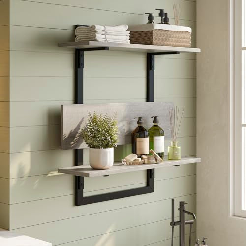 Bestier Floating Shelves for Wall, 24 inch Kitchen Shelves Wall Mounted, 3 Tier Coffee Bar Shelf with Foldable Brackets, Industrial Display Shelf for Bathroom, Living Room, Retro Grey