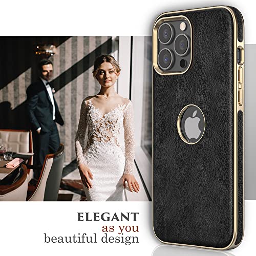 LOHASIC Case for iPhone 14 Pro Max, Logo View, Vintage PU Leather Luxury Elegant ProMax Phone Cover for Men Women, Anti-Slip Grip Protective TPU Bumper, 6.7 Inch, 5G, 2022 - Black Gold