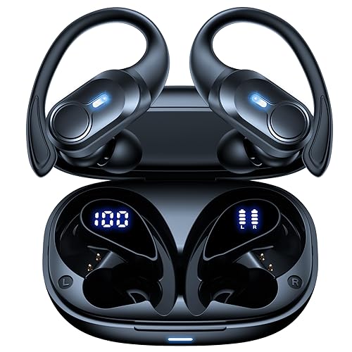 Wireless Earbuds Bluetooth Headphones 70hrs Playback Ear Buds IPX7 Waterproof Wireless Charging Case & Dual Power Display Over-Ear Stereo Bass Earphones with Earhooks for Sport/Workout/Running Blue