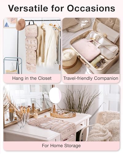 BAGSMART Travel Jewelry Case, Hanging Roll Jewelry Bag with Zipper Pockets Jewelry from Oxidation, Large Capacity for Earrings, Necklaces, Rings on Closet, Wall, Door, Portable Travel Essentials, Pink