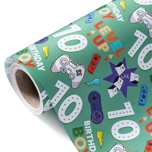 WRAPAHOLIC 10th Birthday Wrapping Paper - Mini Roll - 17 Inch X 33 Feet - Gaming Boys Birthday Design for Party, Holiday