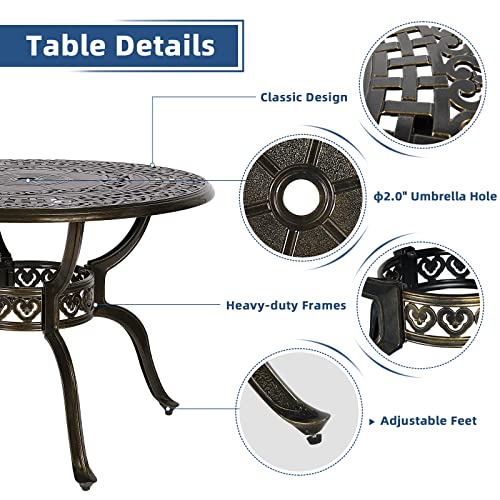 Onlyeah 5 Pieces Outdoor Furniture Dining Set, All-Weather Cast Aluminum Round Patio Table with Umbrella Hole and 4 Cushioned Dining Chairs for Patio Garden Deck, Retro Pattern Design