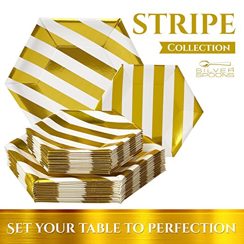 Silver Spoons Disposable Dinnerware Set | Stripe Collection, 18 Servings, White/Gold