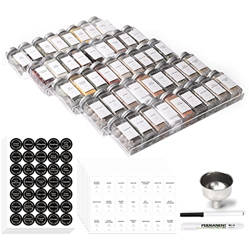 Brippo Spice Drawer Organizer, Includes 24 Spice Jars and 378 Labels with 5-Tier Clear Acrylic Riser Display Stand, Adjustable From 9-to-18 inch Spice Tray for Drawer, Kitchen Drawer Spice Rack Tray