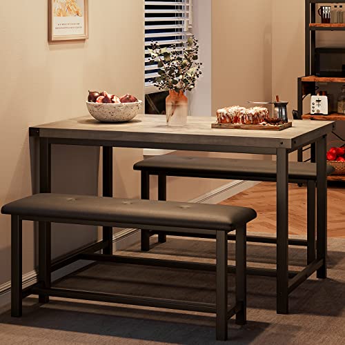 Alkmaar Kitchen Table Set with 2 Benches, Rectangular Dining Table for 4, Upholstered Benches, Farmhouse Style, Retro Gray