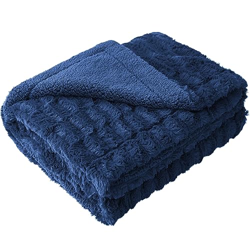 HOMEIDEAS Faux Fur Bed Blanket(Throw, Navy Blue), Decorative Sofa Couch Fur Blanket 50x60 inches, Holiday Lush Home Decoration Gifts