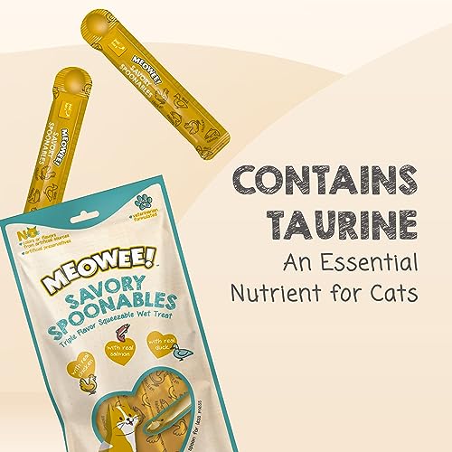 MEOWEE! Savory Spoonables with Real Chicken, Salmon & Duck, 4 Count Tube, Triple Flavor Squeezable Lickable Wet Treats for Cats with Built-in Spoon for Less Mess