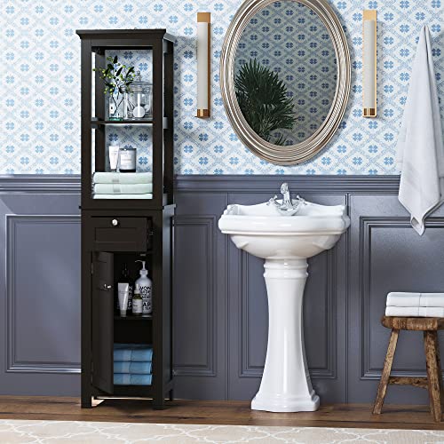 Spirich Bathroom Freestanding Storage Cabinet with Two Tier Open Shelves, Tall Slim Cabinet with Door and Drawer, Free Standing Linen Tower (Espresso)