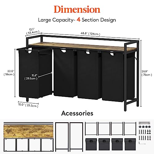 Lifewit Laundry Hamper 4 Section, 168L Pull out Laundry Clothes Basket Organizer with Large Top Shelf and 4 Removable Bags and Handles, Laundry Sorter for Laundry Room Bedroom Bathroom Dorm, Black