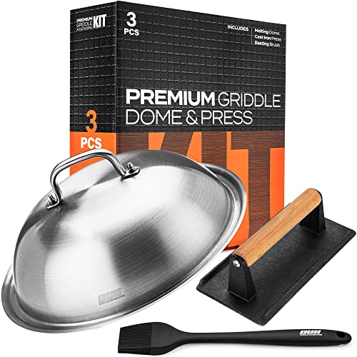 OUII Flat Top Griddle Accessories Set for Blackstone and Camp Chef Griddle - 12 Inch Heavy Duty Round Basting Cover Cheese Melting Dome with Cast Iron Burger Bacon Press & Basting Brush