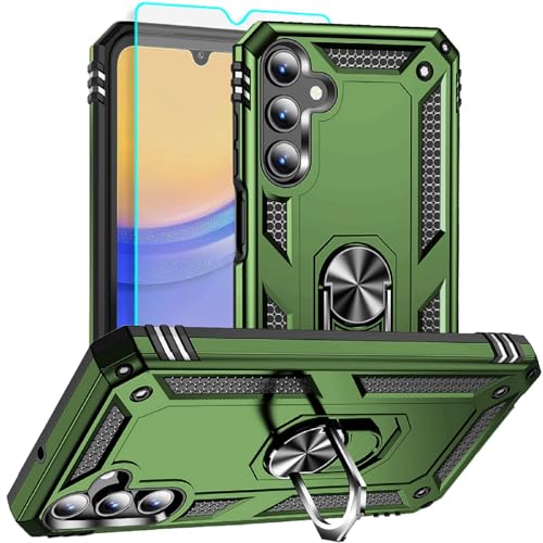 for Samsung Galaxy A15 5G Case with HD Screen Protector : Military Grade 16ft Drop Tested Ring Shockproof Protective Phone Case - Samsung Galaxy A15 ArmyGreen