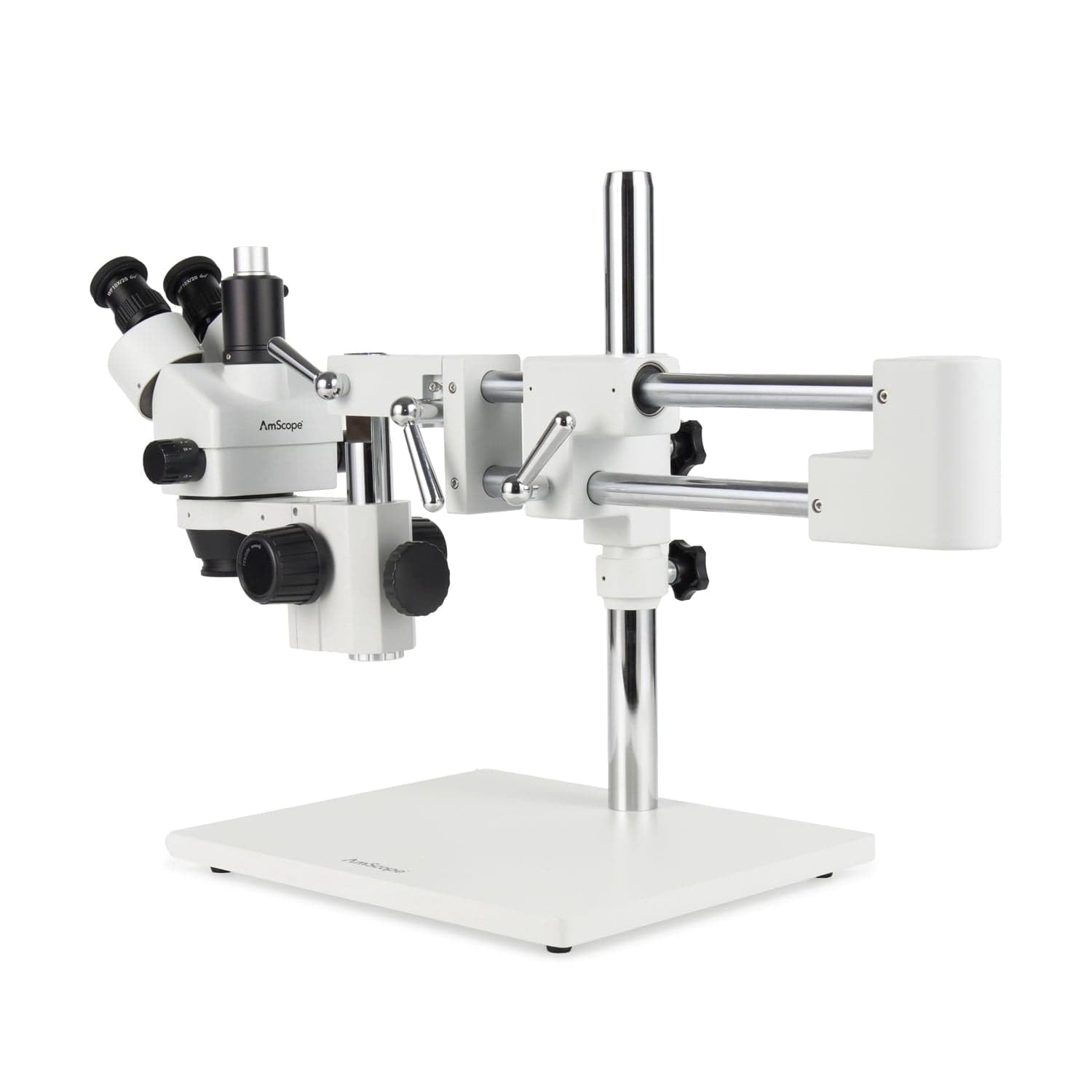 AmScope SM-4TZ-144A Professional Trinocular Stereo Zoom Microscope, WH10x Eyepieces, 3.5X-90X Magnification, 0.7X-4.5X Zoom Objective, Four-Zone LED Ring Light, Double-Arm Boom Stand, 110V-240V, Includes 0.5X and 2.0X Barlow Lens